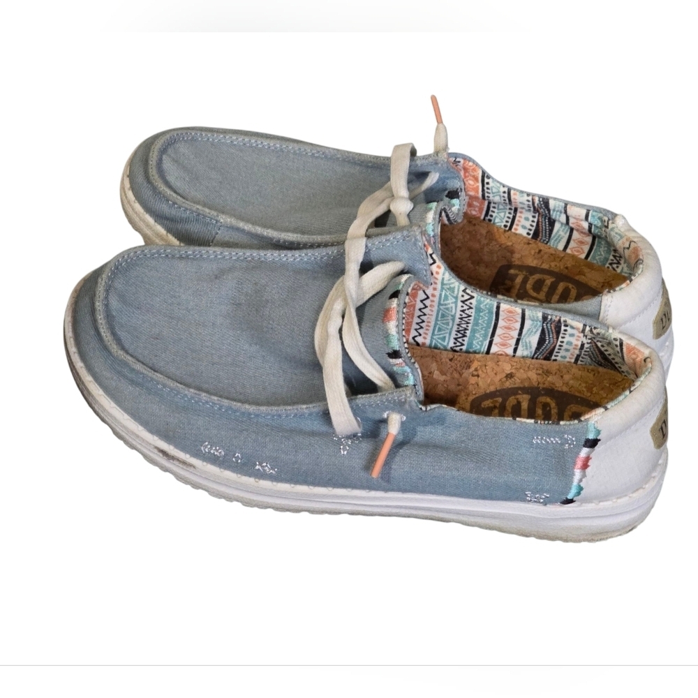Hey Dude Wendy Boho Light Denim Womens  7 Slip On Loafer Boat Shoes Casual Comfy - Picture 2 of 8